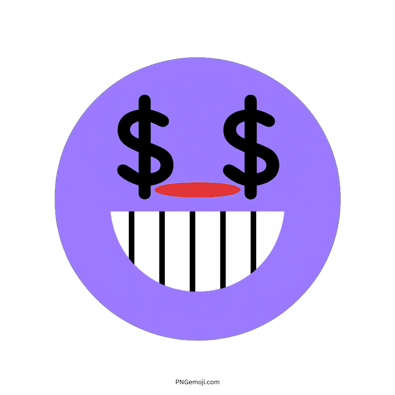 Purple greedy TikTok emoji with dollar sign eyes and wide toothy grin