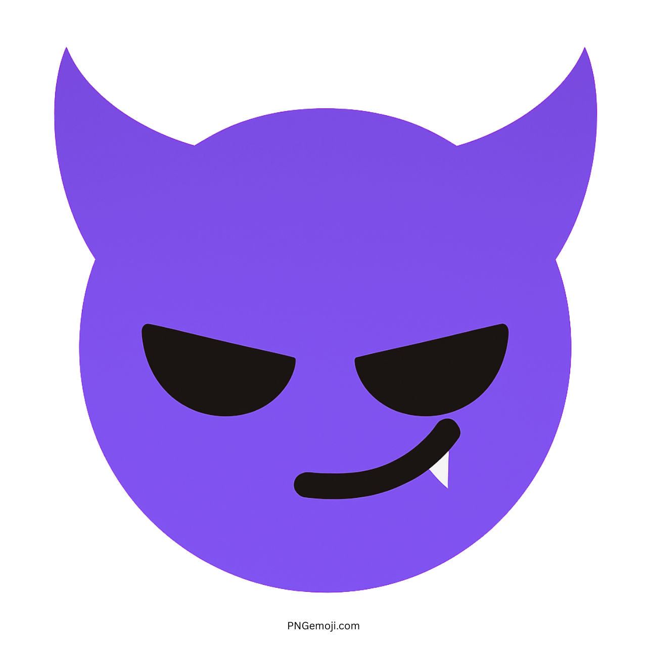 Purple wicked devil Tiktok emoji face with horns, fang, and sly mischievous smile