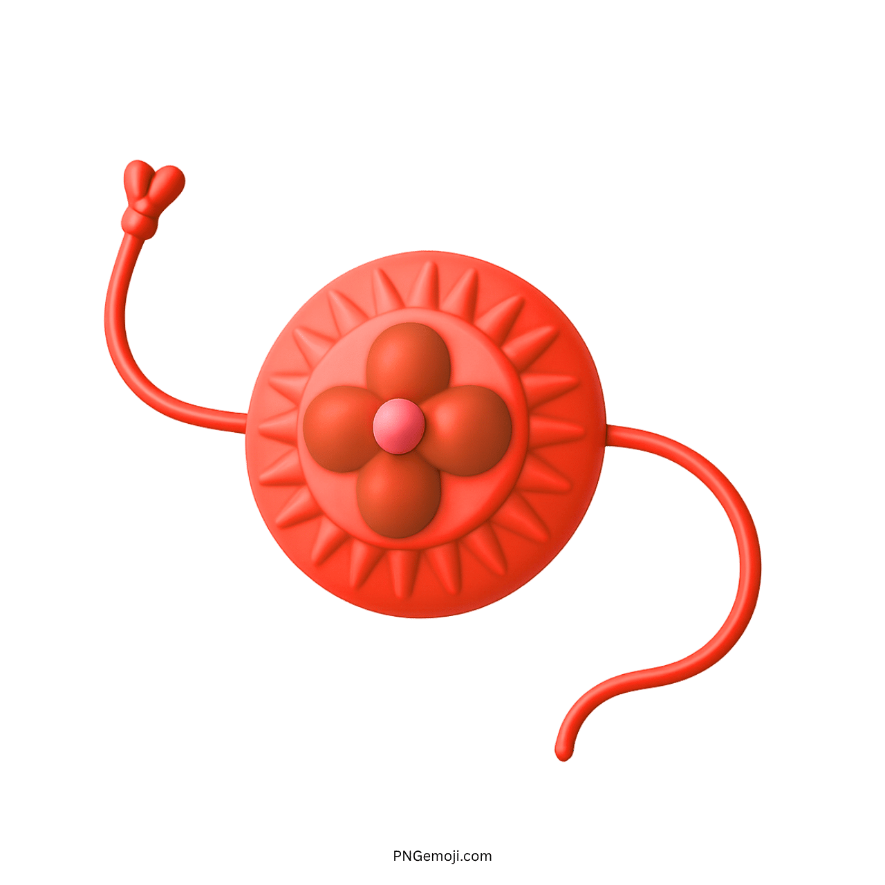 Red 3D rakhi emoji with floral centerpiece and curved festive threads