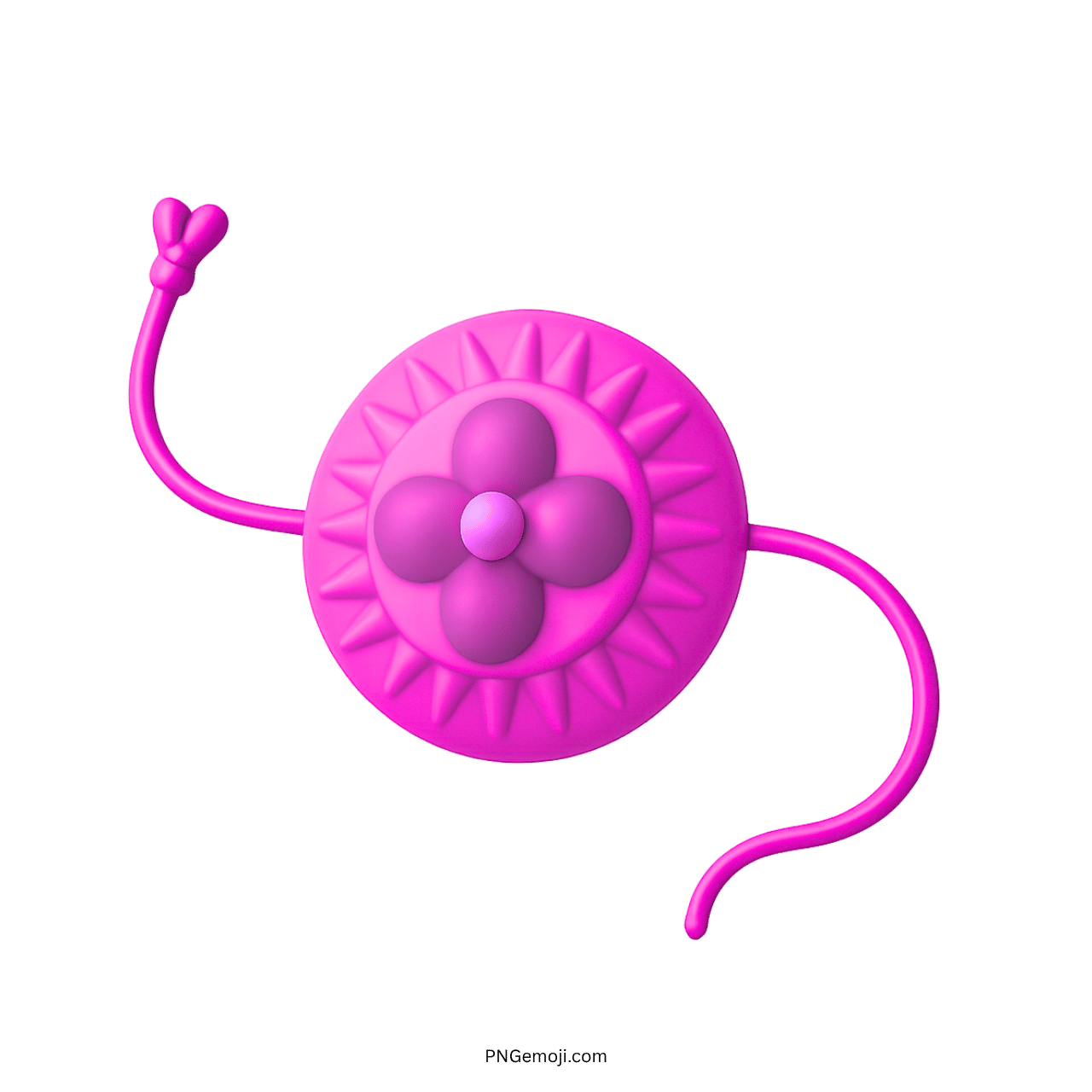 Pink 3D rakhi emoji with floral centerpiece and curved decorative threads