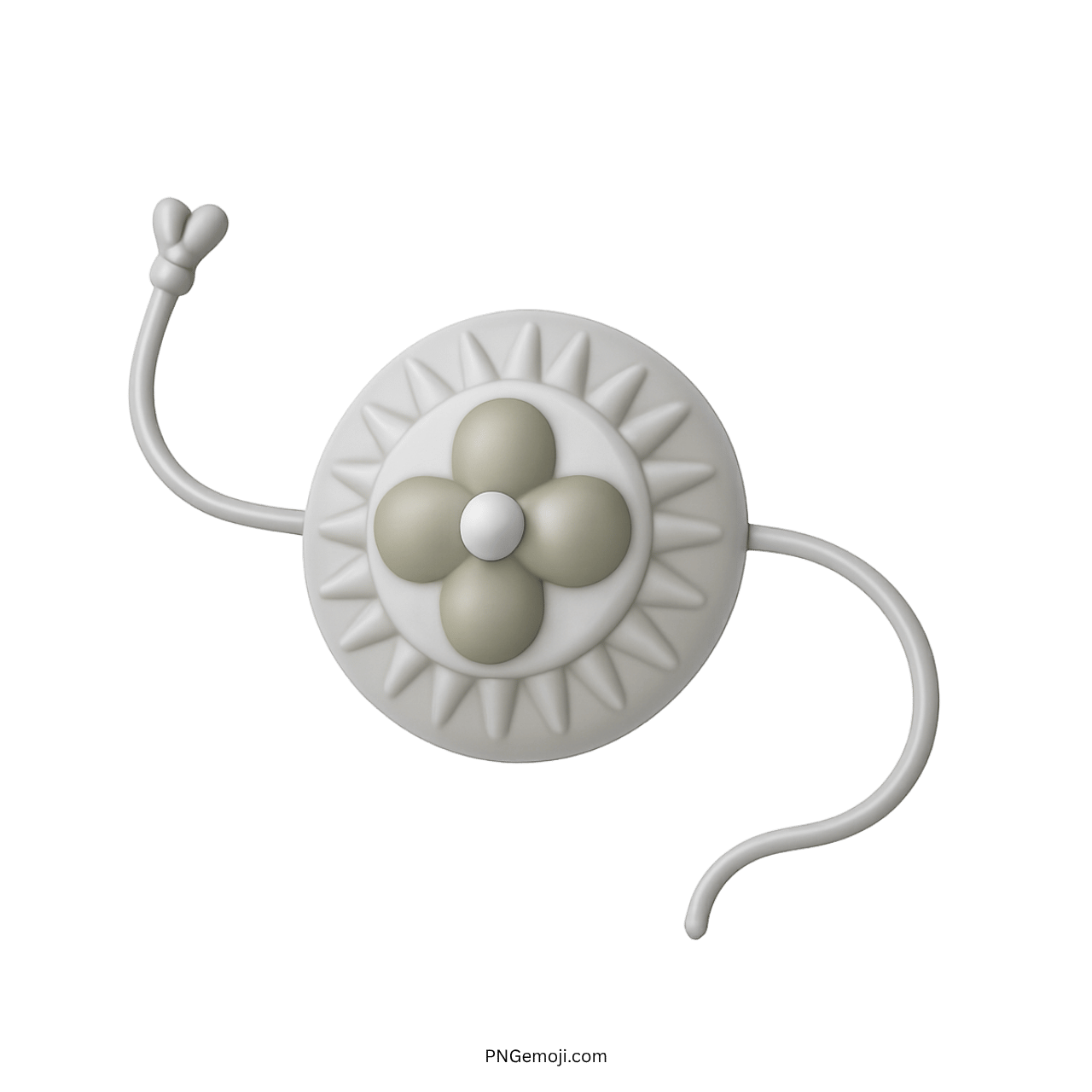 White 3D rakhi emoji with grey floral center and curved strings