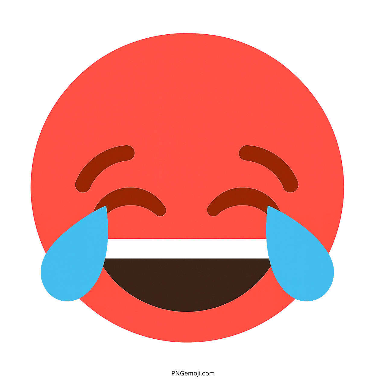 Red laugh with tears emoji PNG face with blue teardrops and transparent background