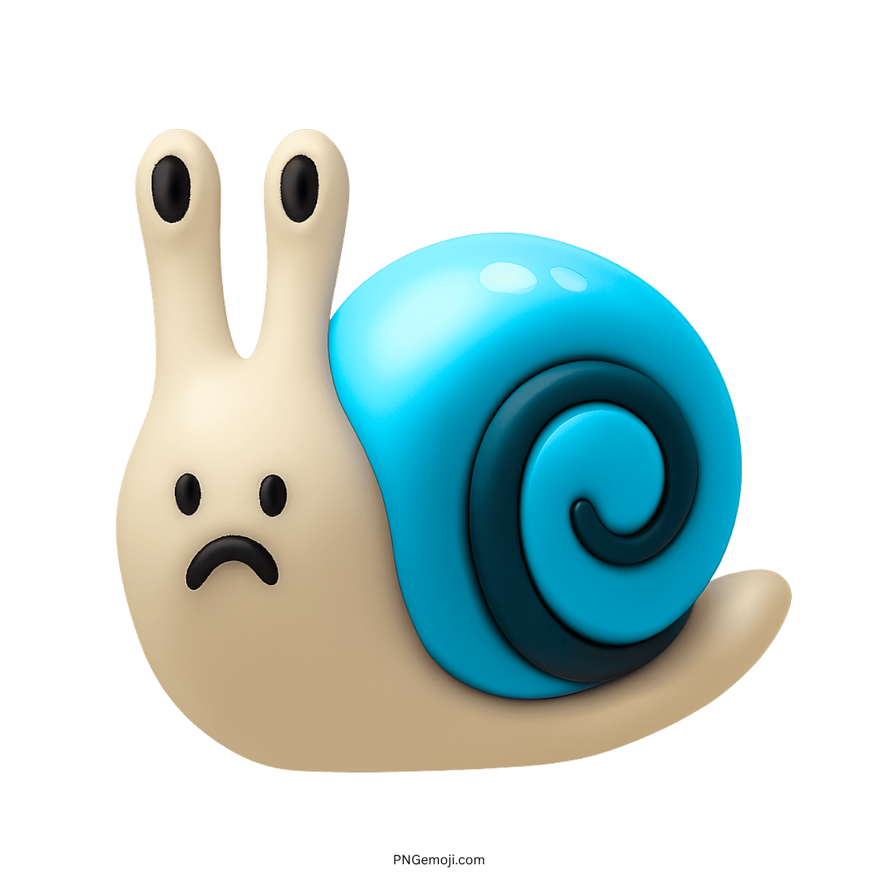 Sad blue snail emoji with spiral shell in 3D cartoon design
