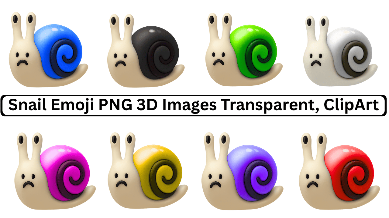 Set of sad colorful snail emojis in 3D cartoon style PNG
