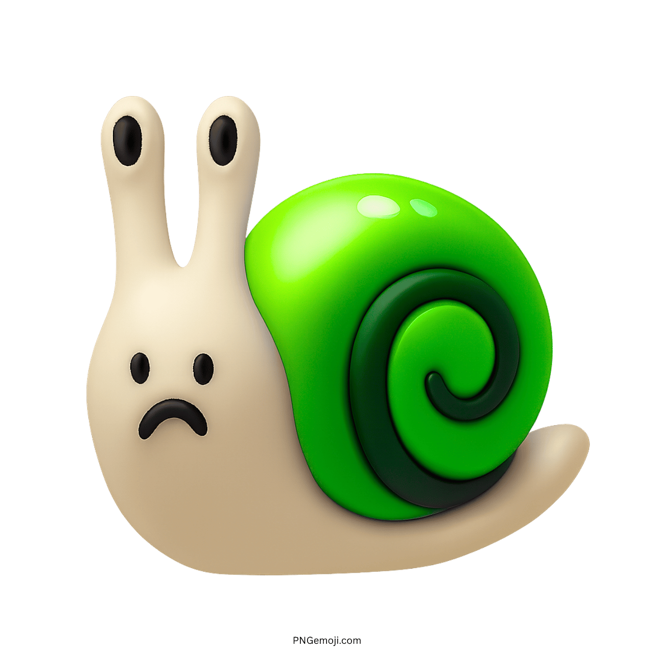 Sad green snail emoji with spiral shell 3D cartoon clipart image