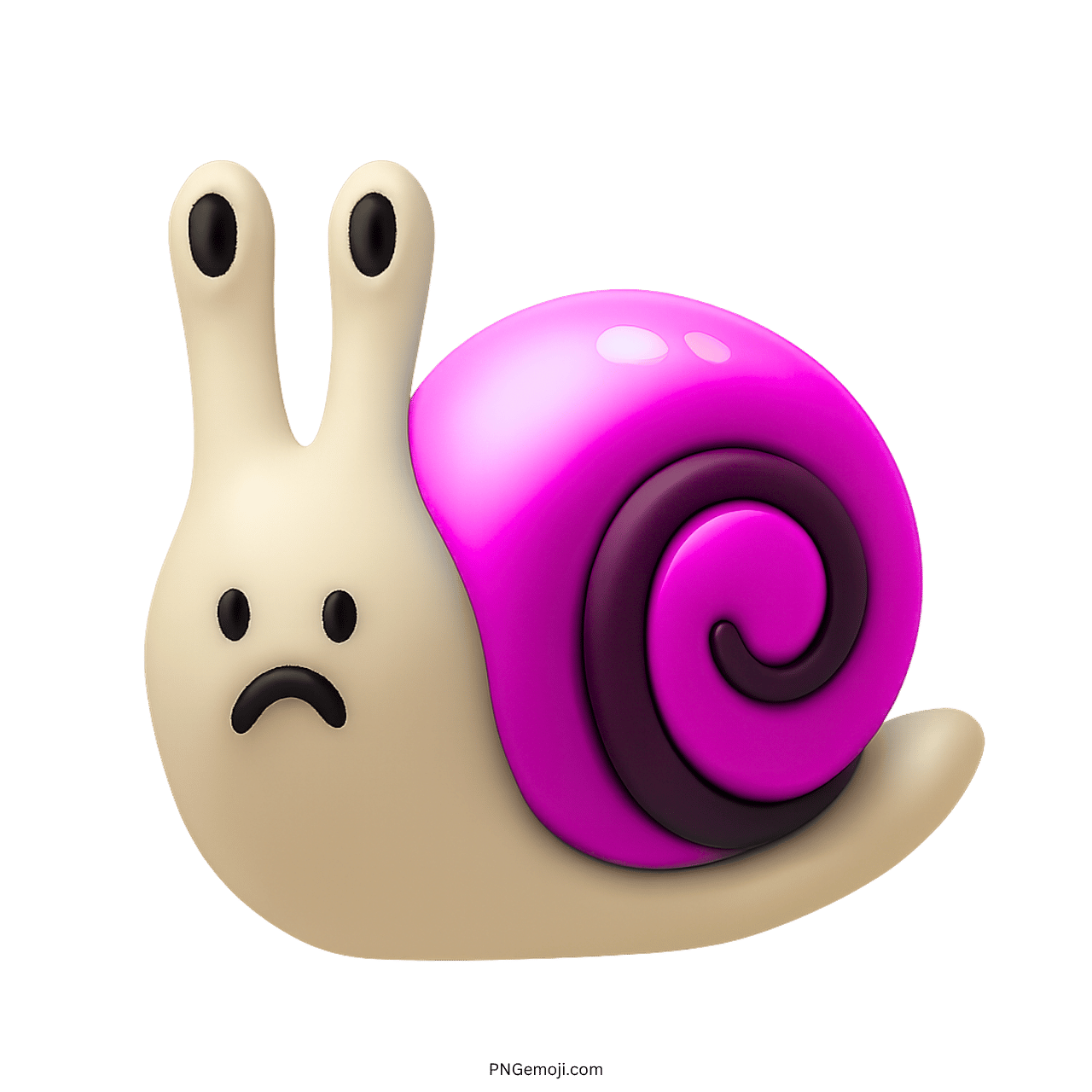 Sad pink snail emoji with spiral shell in 3D cartoon style
