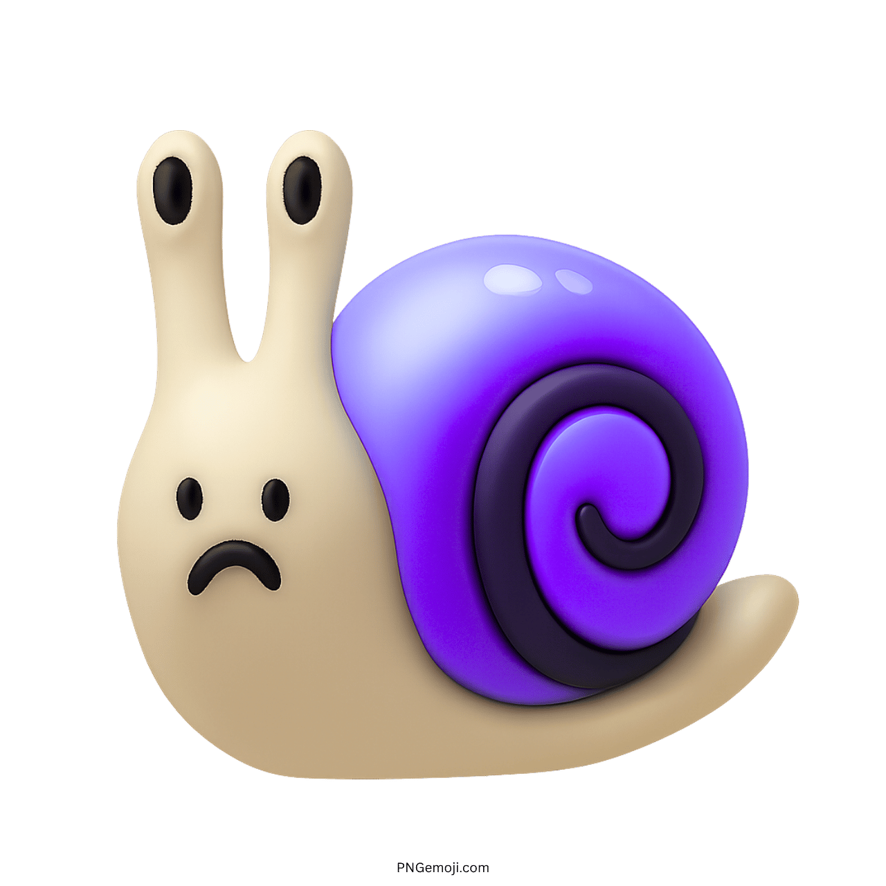 Sad purple snail emoji with spiral shell in 3D cartoon clipart