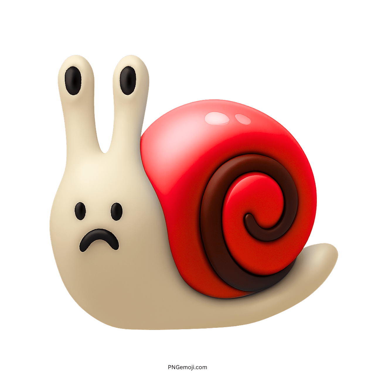 Sad red snail emoji with spiral shell in 3D cartoon style