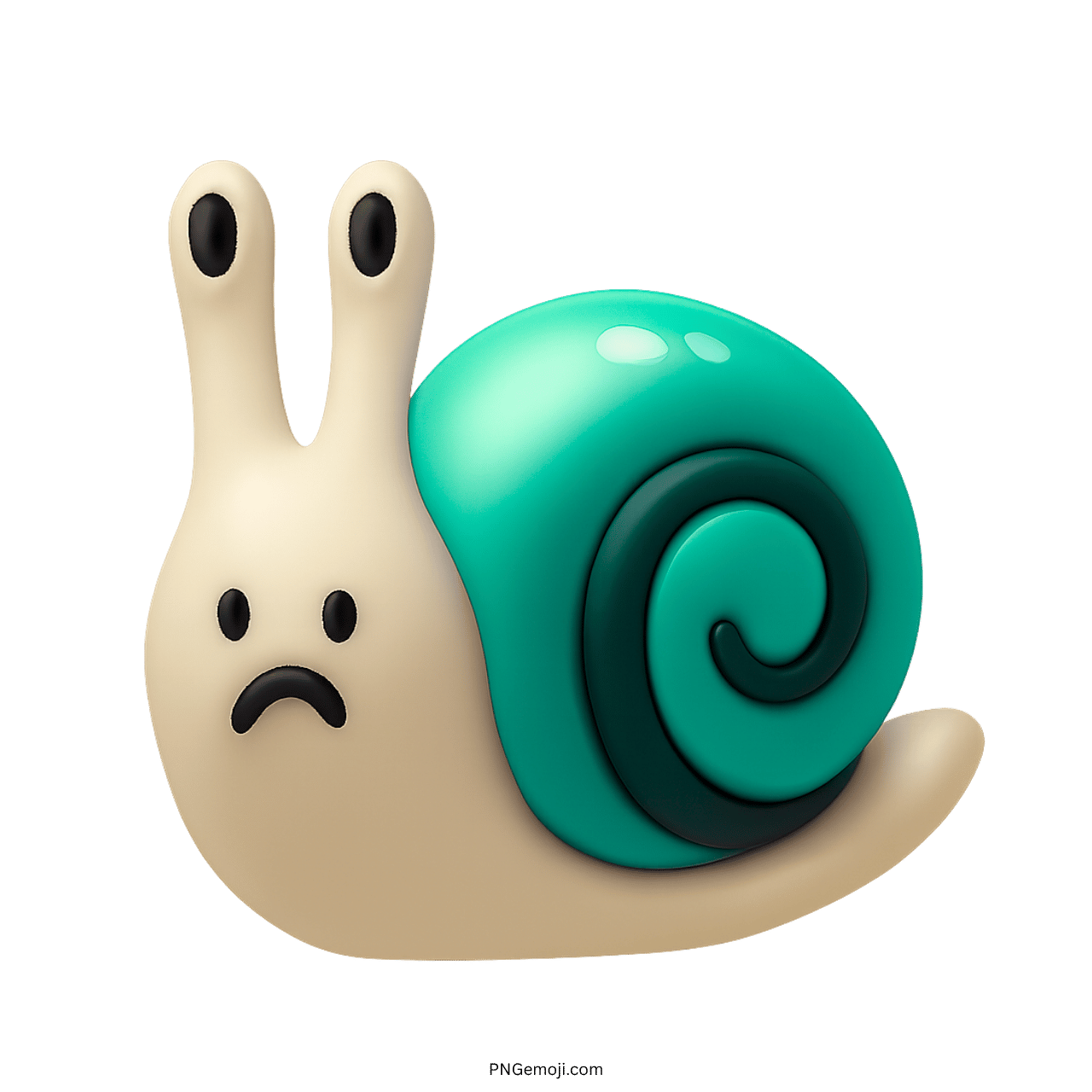 Sad teal snail emoji with spiral shell in 3D cartoon style