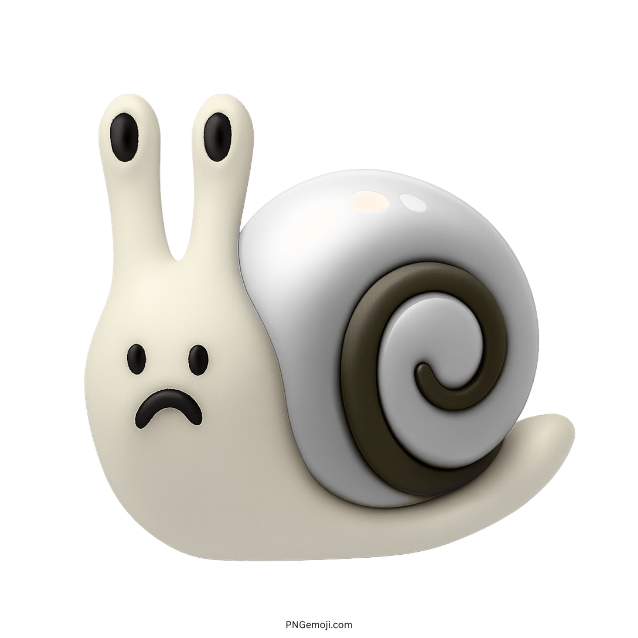 Sad white snail emoji with spiral shell in 3D cartoon style