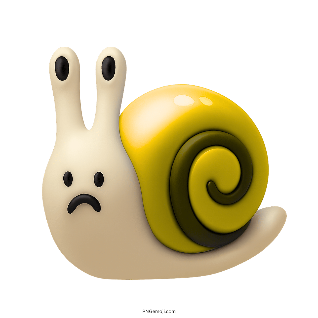 Sad yellow snail emoji with spiral shell in 3D cartoon style clipart