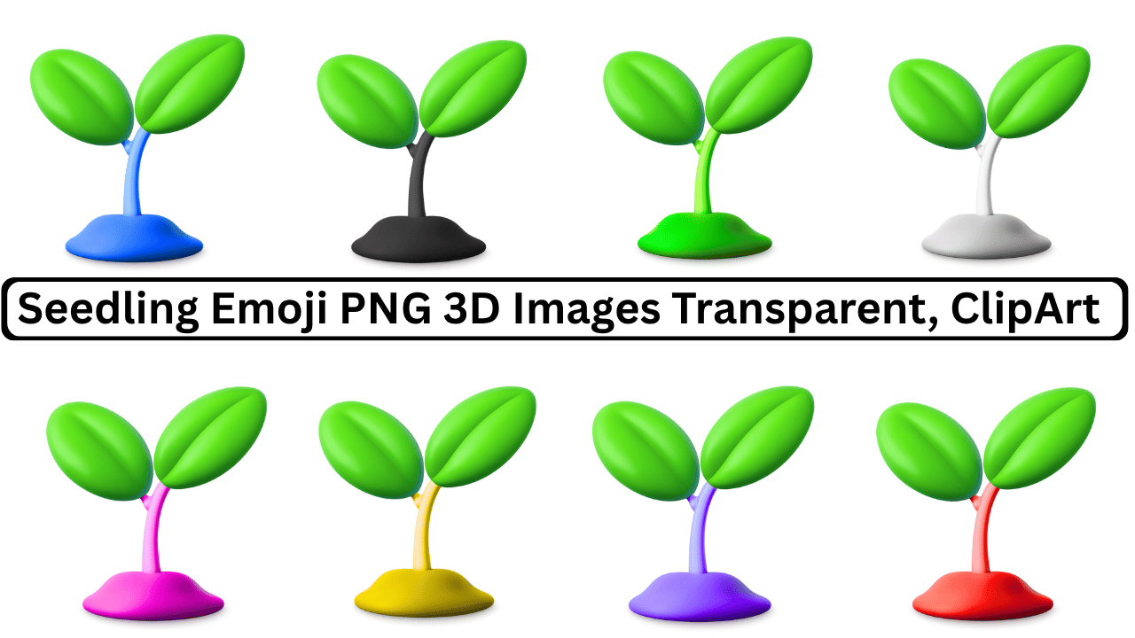 Collection of colorful 3D seedling emoji PNG images with transparent background
