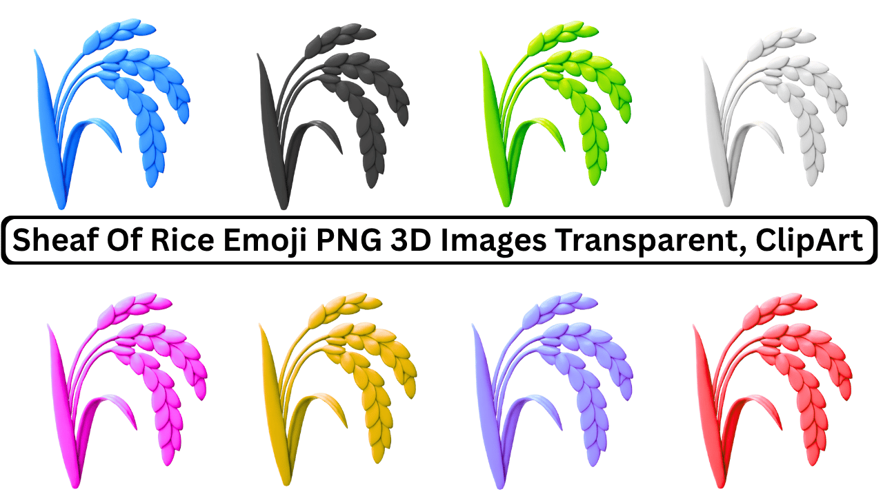 Collection of 3D sheaf of rice emoji PNG images with various colors.