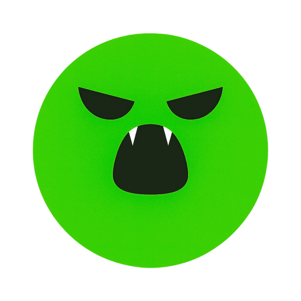 Green shout emoji with a fierce expression and vampire teeth, perfect for TikTok reactions.
