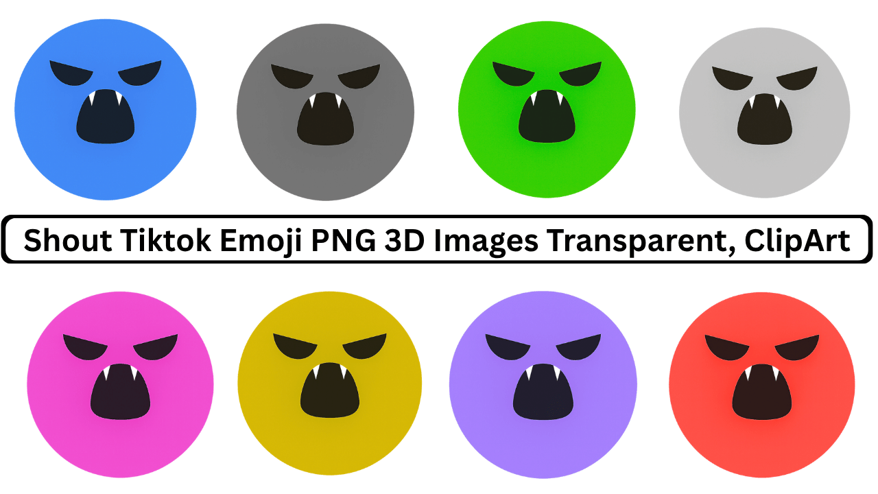 Collection of colorful shout TikTok emojis with vampire teeth in 3D, transparent PNG.