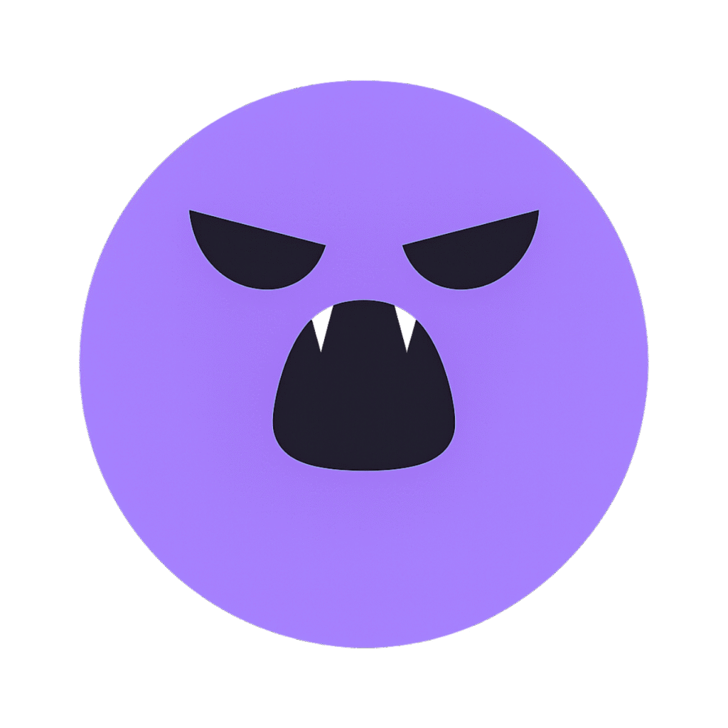 Purple shout emoji with a fierce face and vampire teeth, perfect for TikTok reactions.