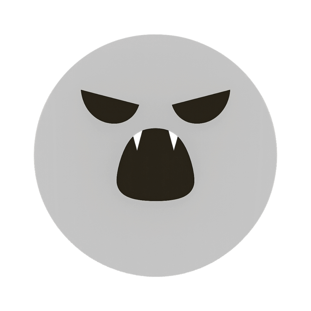 White shout TikTok emoji with vampire fangs showing anger expression