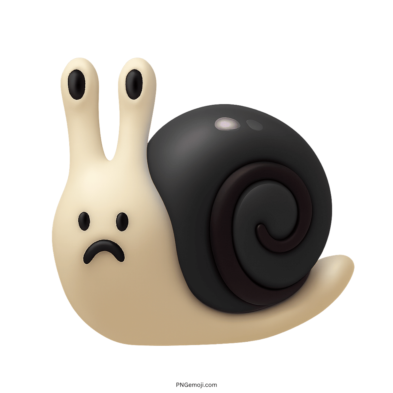 3D sad snail emoji with black spiral shell on a transparent background