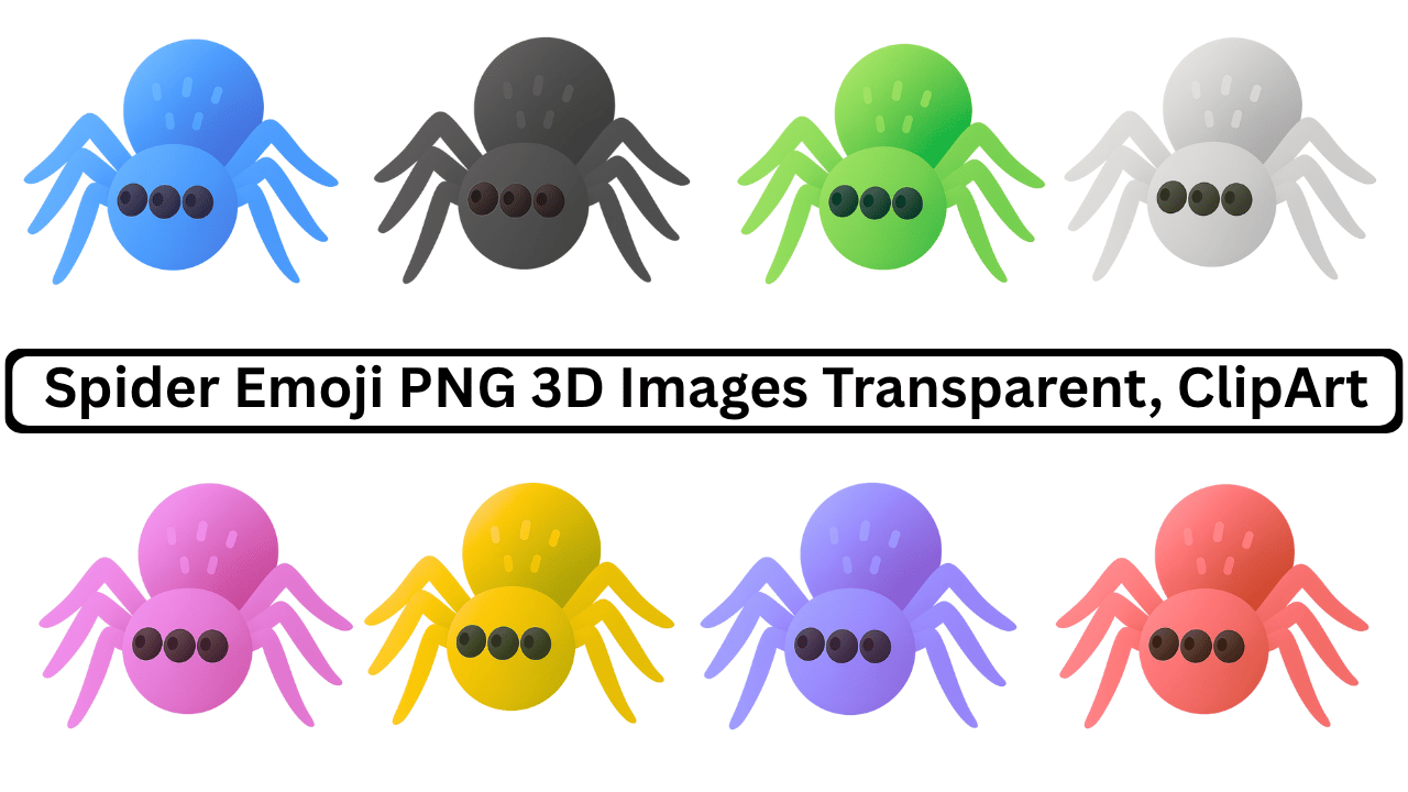 3D spider emoji PNGs in 8 colors with transparent background clipart set
