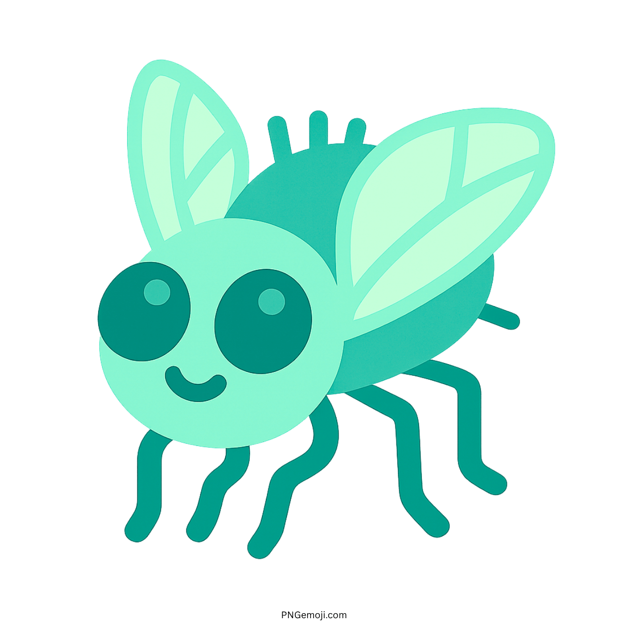 Teal cartoon fly emoji with big eyes, cute wings, and friendly smile
