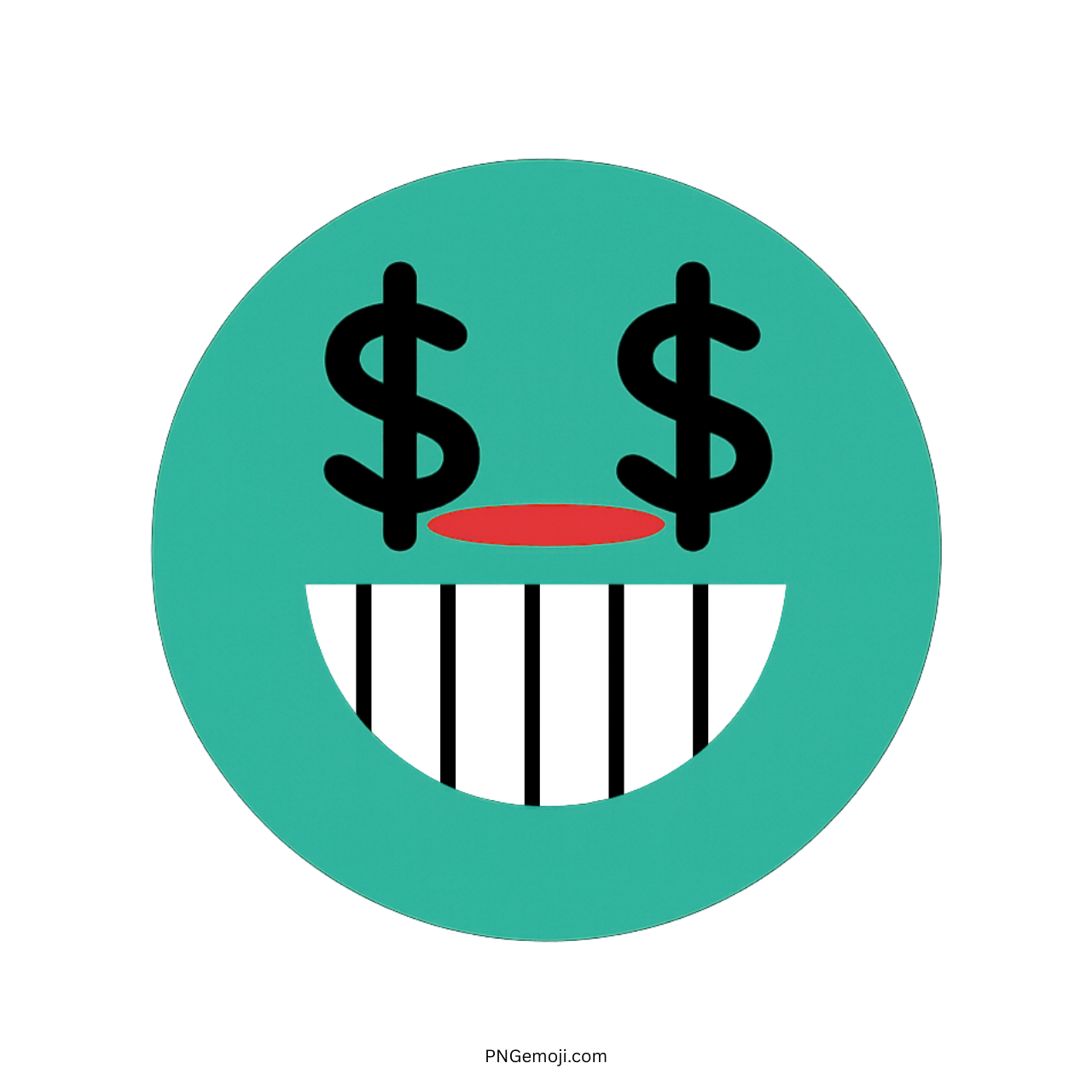 Teal greedy TikTok emoji with dollar sign eyes and big toothy grin