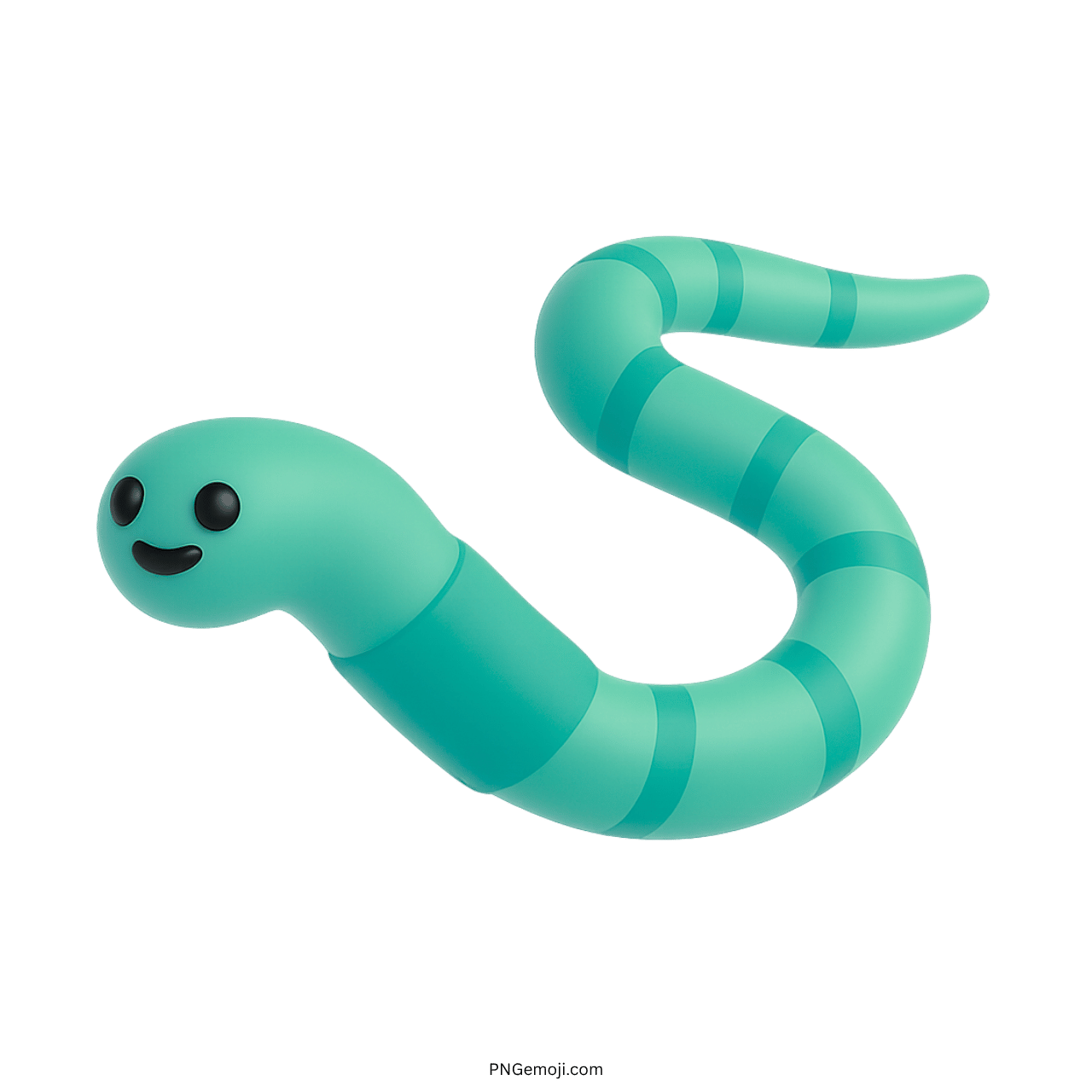 Teal smiling worm emoji with dark stripes on green background, cute 3D cartoon style