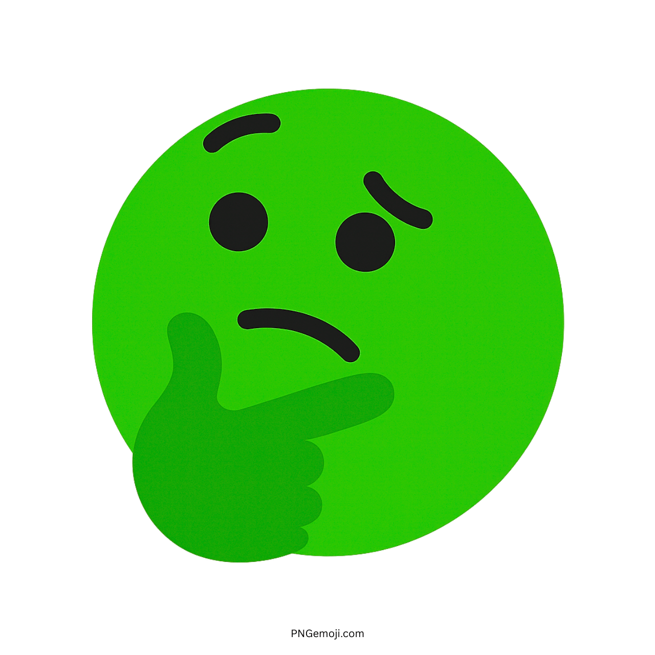 Thinking Tiktok emoji green face with hand on chin, transparent PNG clipart design