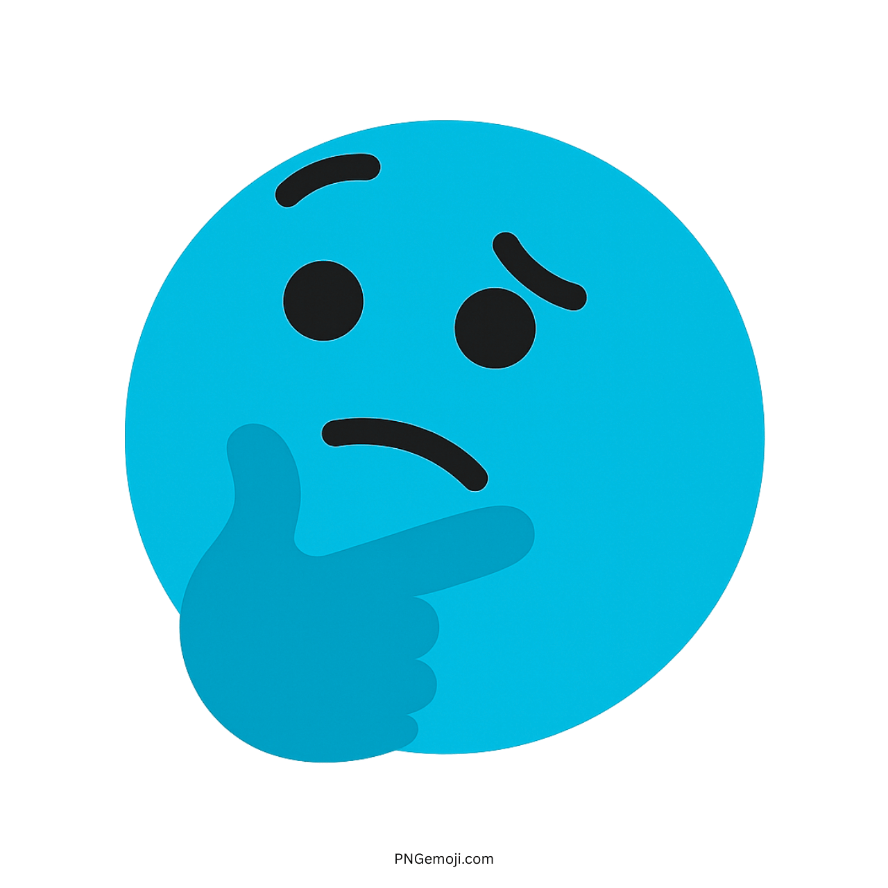 Thinking Tiktok emoji light blue face with hand on chin, transparent PNG clipart design