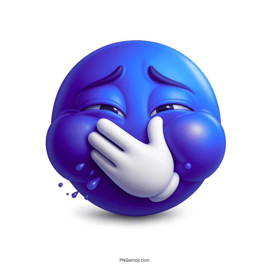 3D blue troll emoji laughing hard with hand over mouth and teary eyes expression