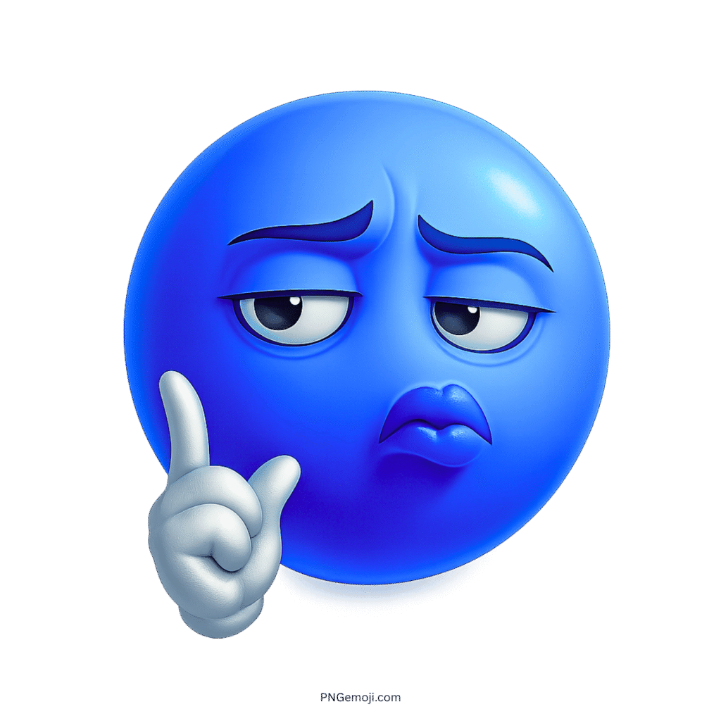 Troll face blue emoji with sarcastic expression and raised finger on transparent background