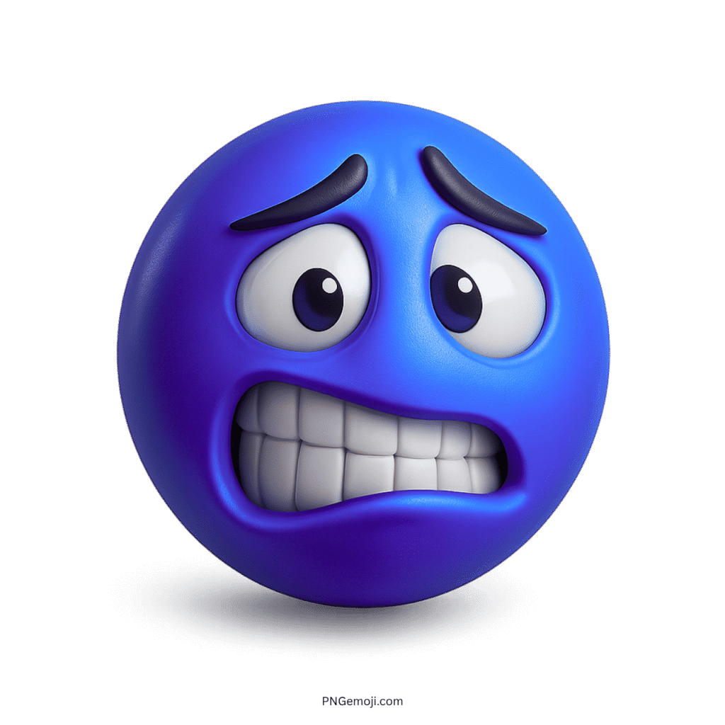 3D blue troll emoji with wide eyes and gritted teeth showing nervous or awkward expression