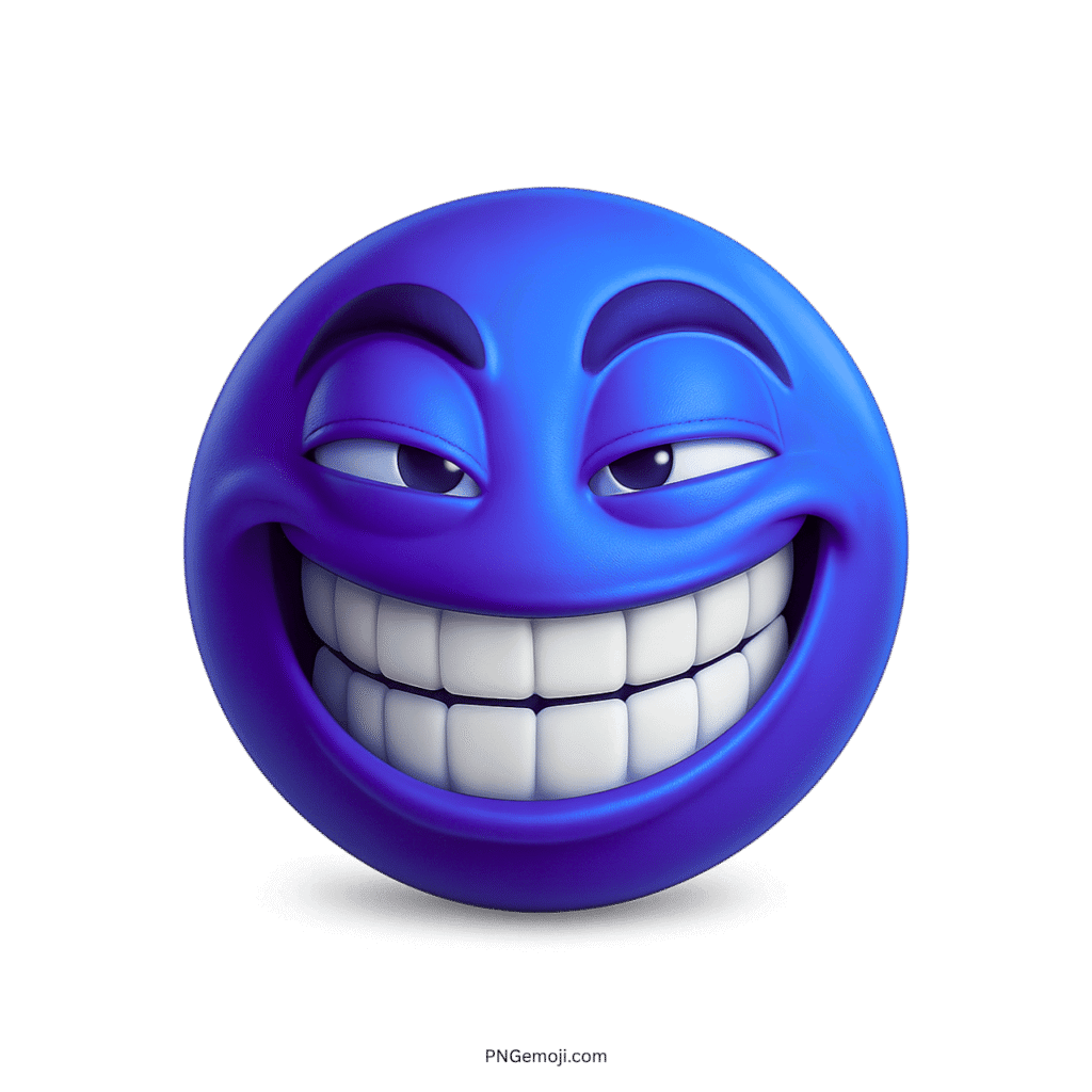 Blue troll face emoji with mischievous grin and half-closed eyes on transparent background