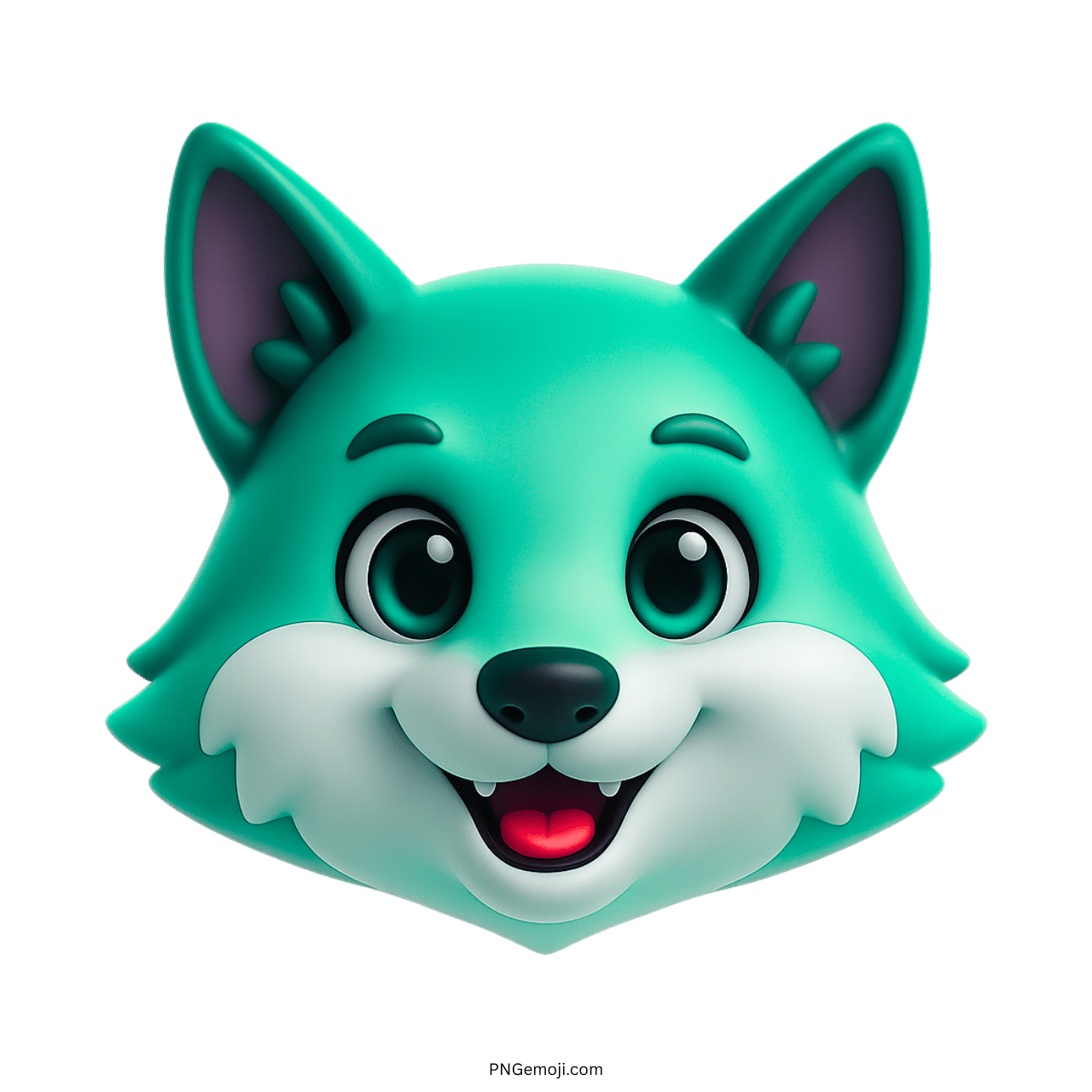 Teal 3D wolf emoji face icon with happy smile and cartoon animal look in PNG