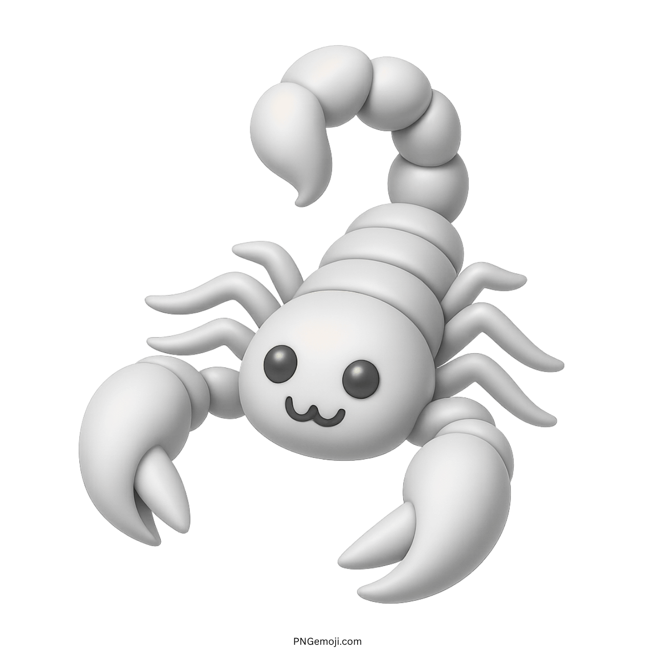 Adorable 3D white scorpion emoji with kawaii face, claws and curled cartoon tail