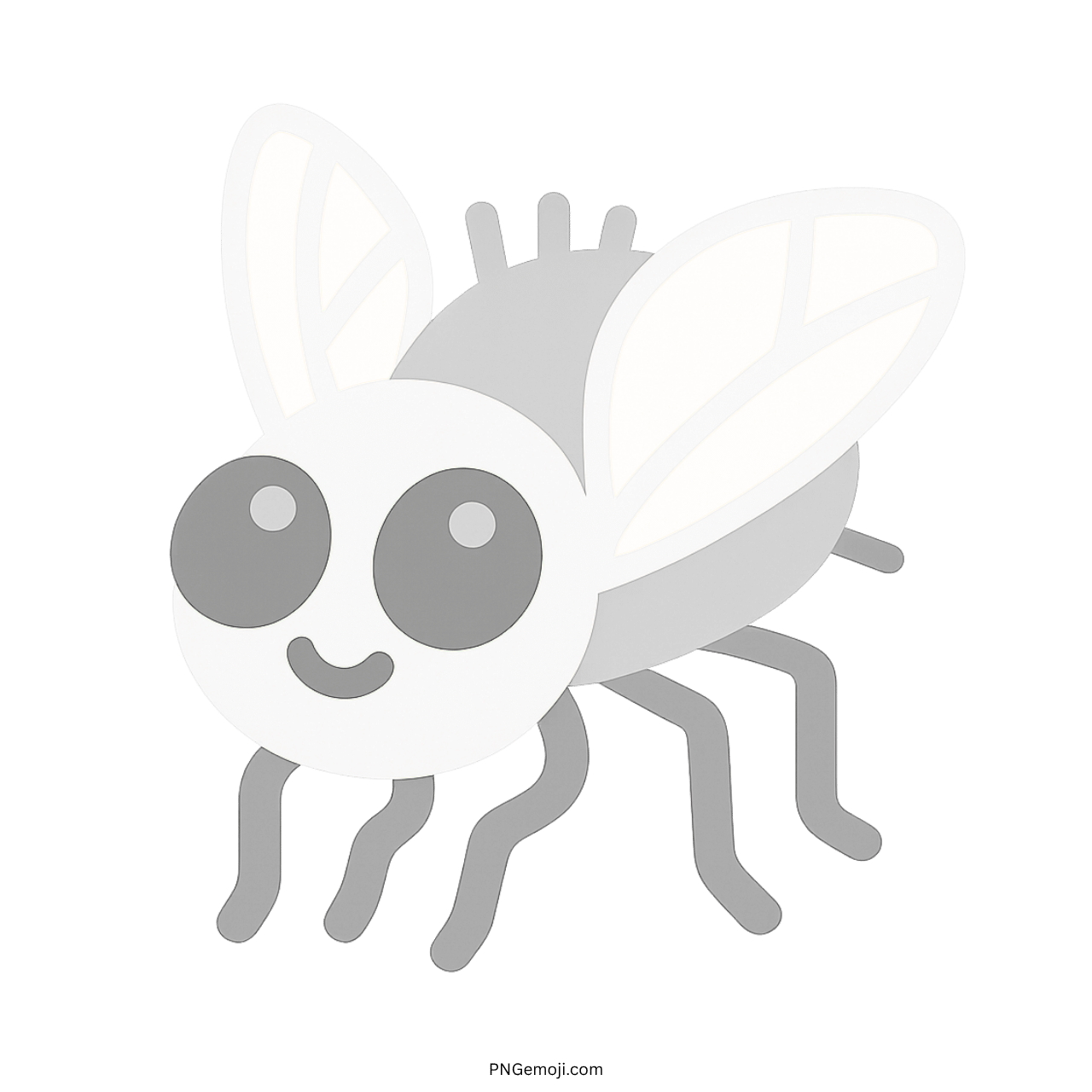 White and grey cartoon fly emoji with big eyes and smiling face