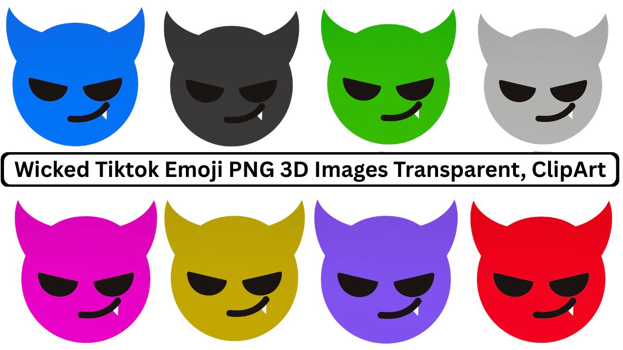 Set of colorful wicked Tiktok emojis with horns, fangs, and mischievous smirks in 3D style