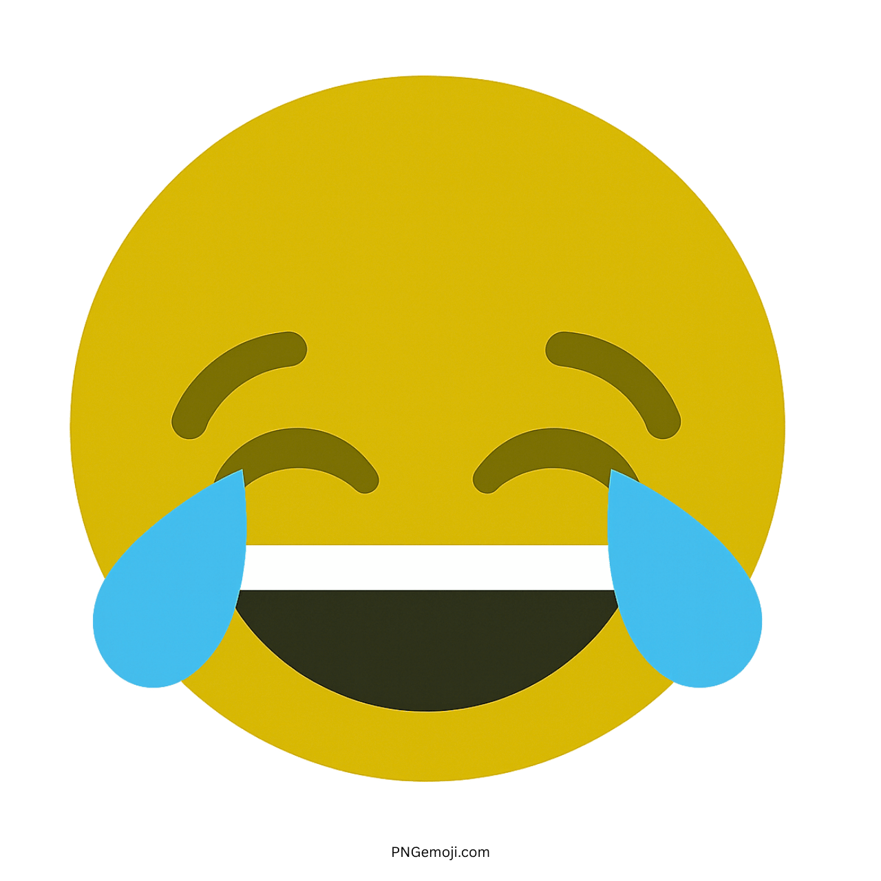 Yellow laugh with tears emoji PNG face with blue teardrops and transparent background