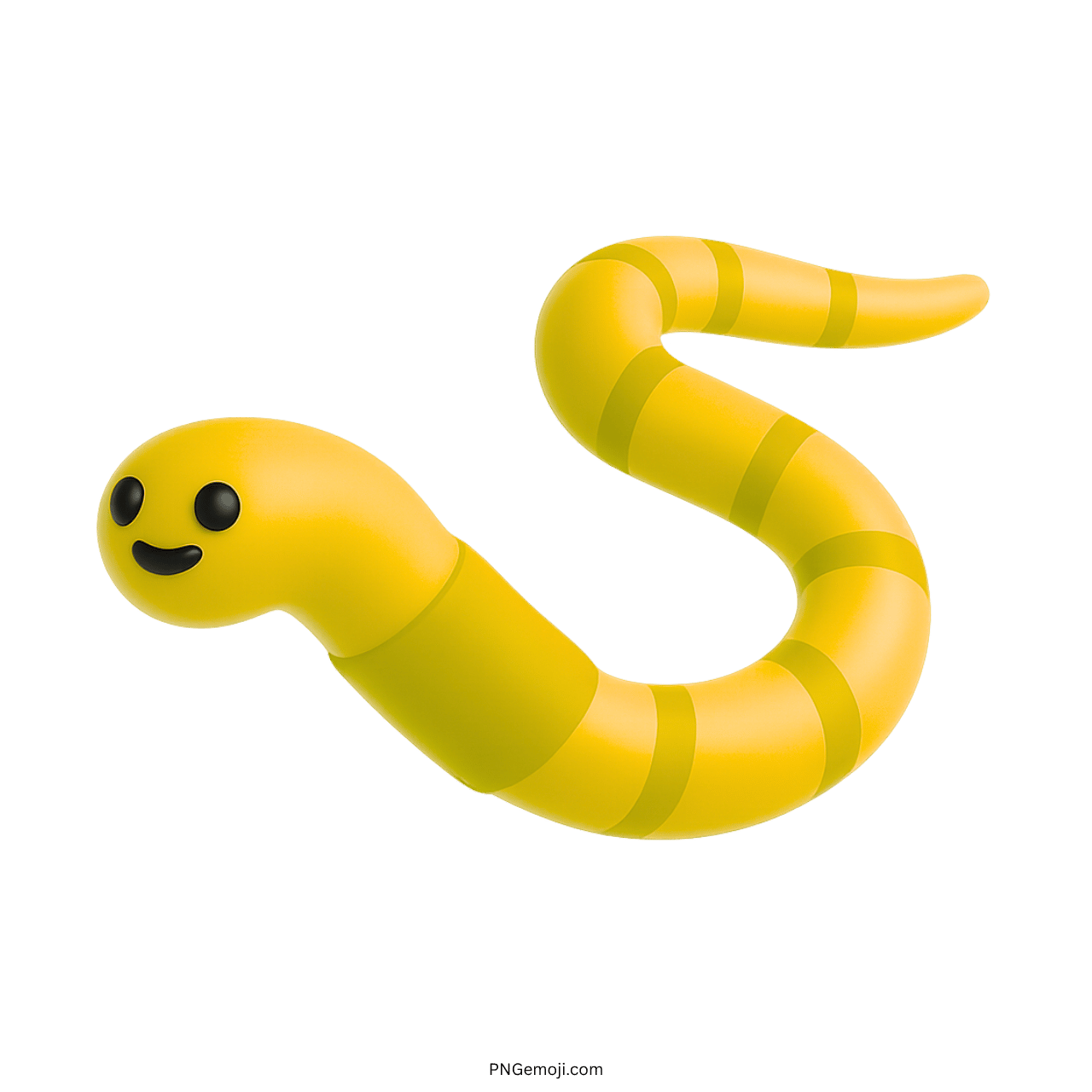 Yellow smiling worm emoji with dark stripes on green background, cute 3D cartoon style
