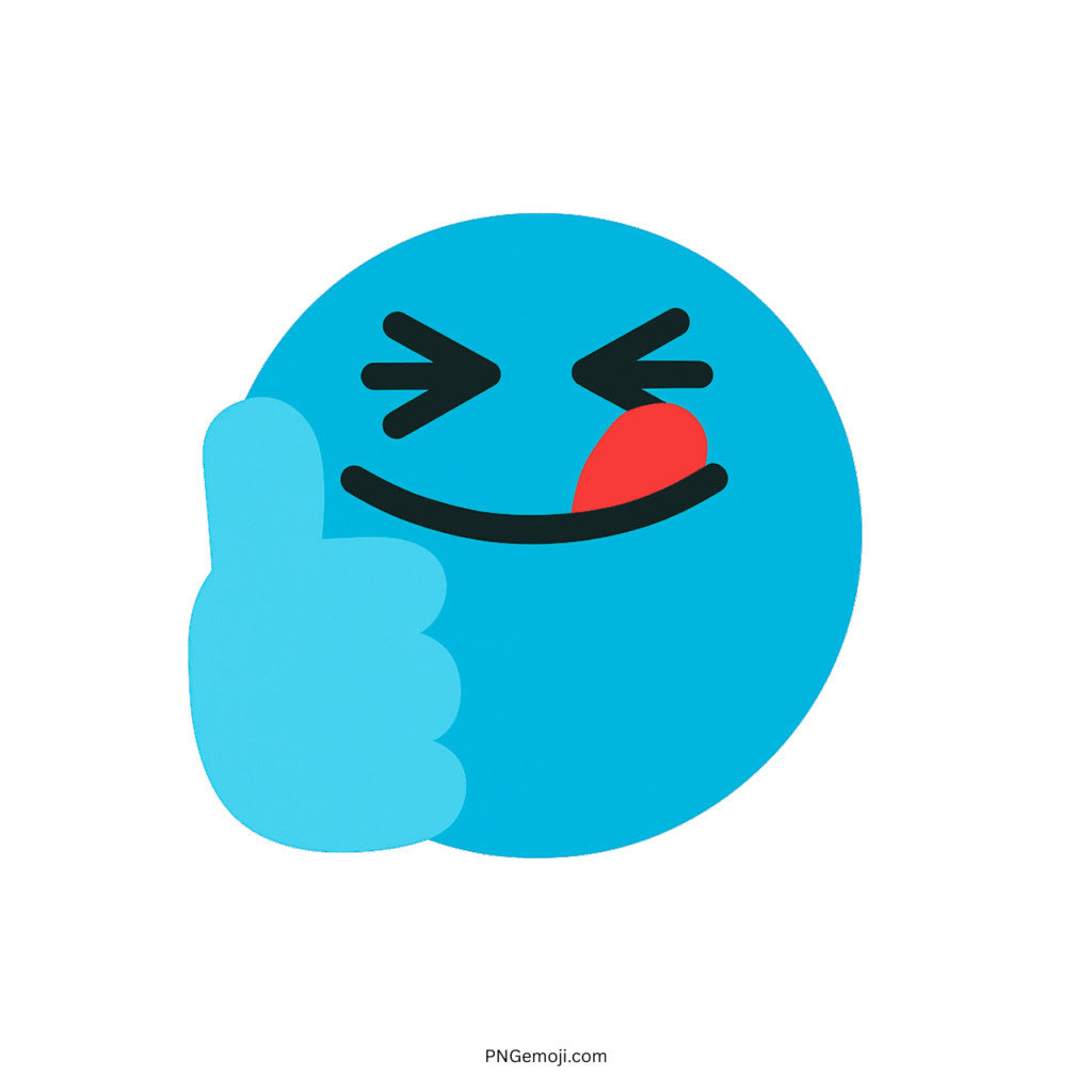 Yummy Tiktok emoji with a light blue face, thumbs up, playful wink, and tongue out.