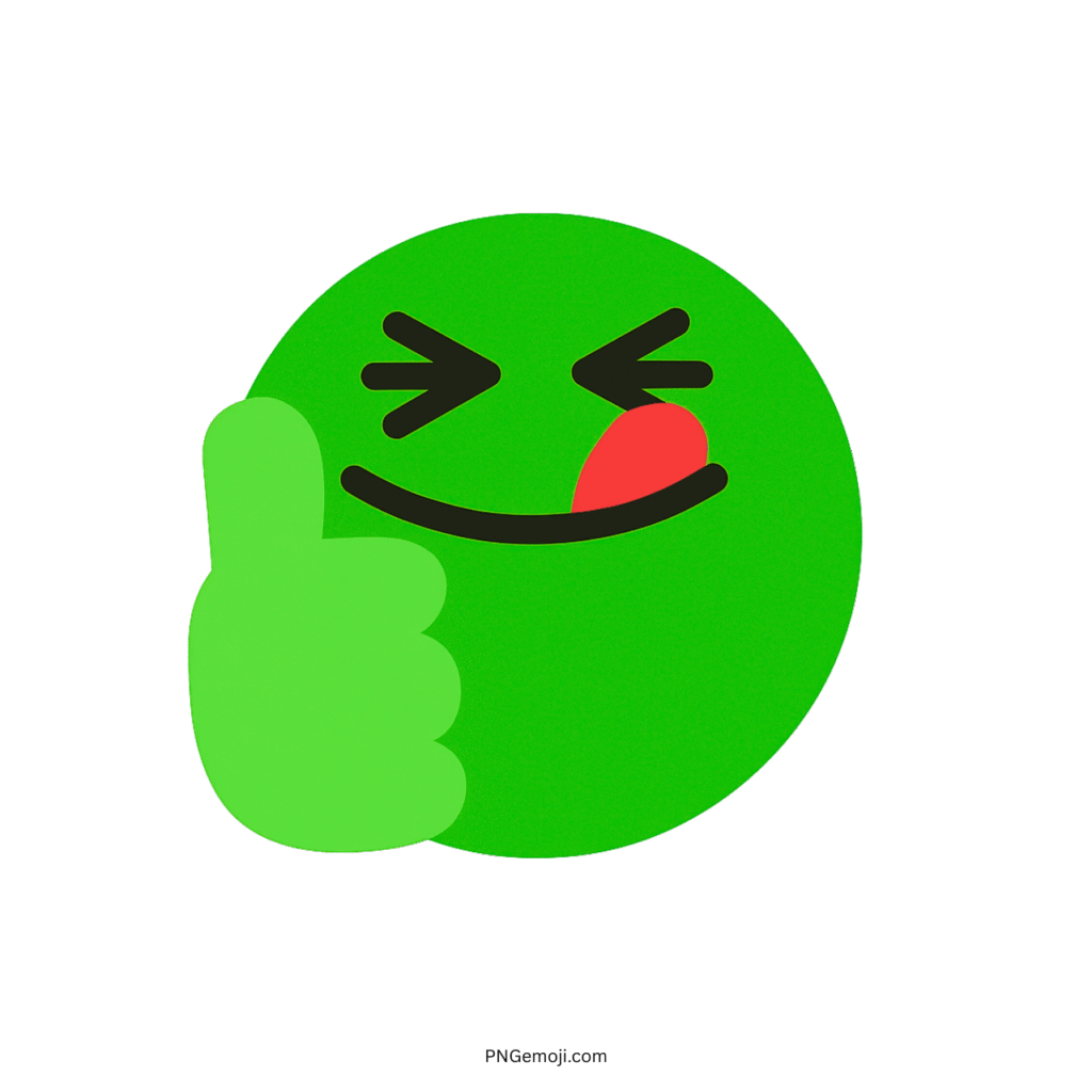 Yummy Tiktok emoji with a green face, thumbs up, playful wink, and tongue out.