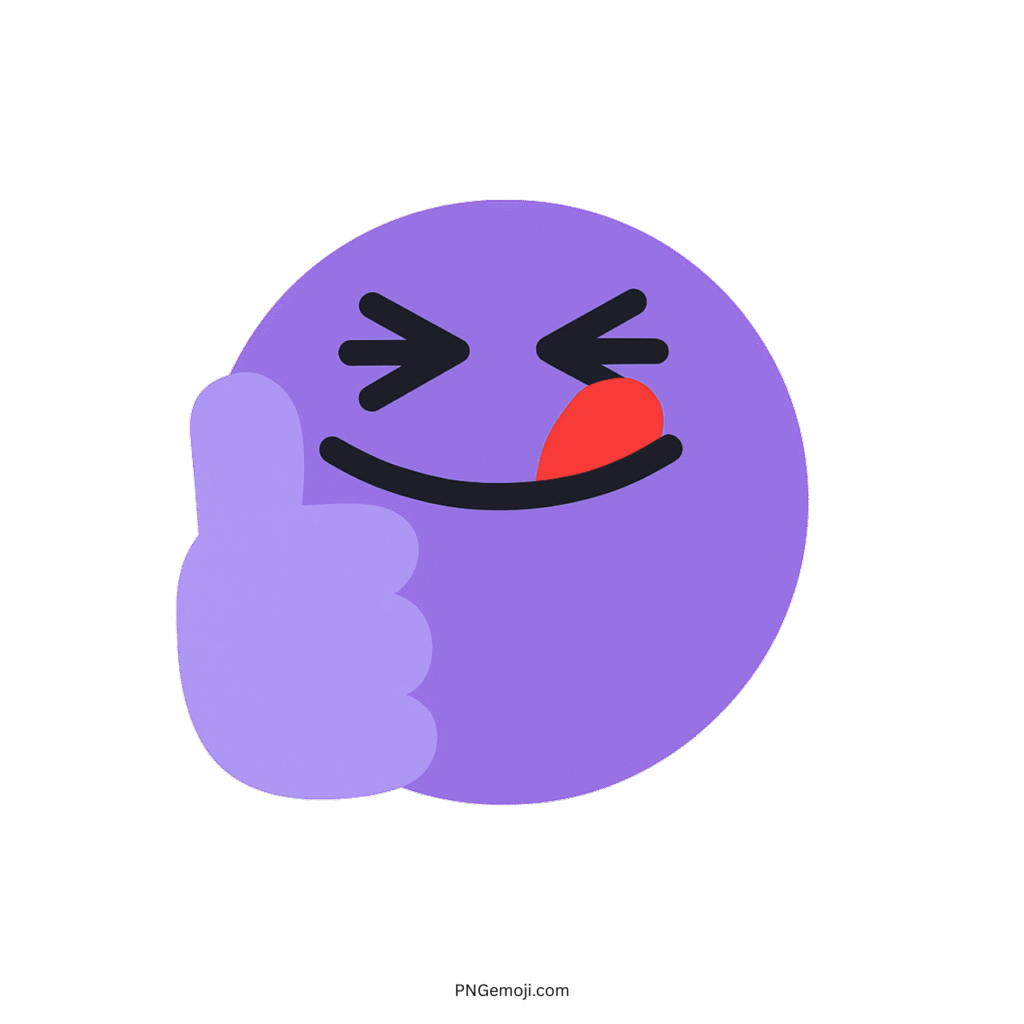 Yummy Tiktok emoji with a purple face, thumbs up, playful wink, and tongue out.